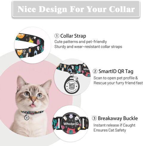 Cat Collar with Bells, Cat Collar with Breakaway Safety Buckle, 0.4 Inches Width Lightweight Adjustable Cat Collar, QR Code Cat Tag, Cat Collar with Cat ID Tag (Black, Cat Paw) in Kuwait