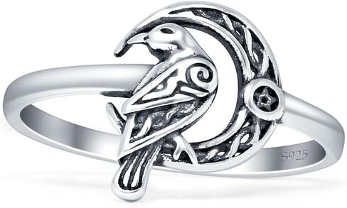Blue Apple Co. Minimalist 12mm Celtic Raven Crescent Moon Ring Oxidized Filigree Design Vintage Style Pentagram Fashion Statement Rings For Women 925 Sterling Silver Gift For Her in Kuwait