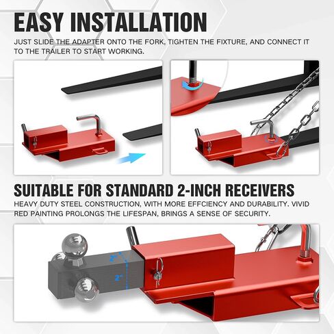 Single Forklift Trailer Ball Hitch Attachment, Clamp-On Monut Fork Pallet Tow Receiver, Fits Forks Up to 5.7 Wide, 2" Inch Towing Adapter with Safety Chain (Red) in Saudi Arabia
