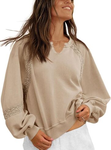 Fisoew Womens Oversized Sweatshirt Casual V Neck Lace Lantern Long Sleeve Cropped Loose Fit Fall Pullover Tops in Saudi Arabia