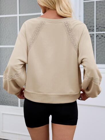 Fisoew Womens Oversized Sweatshirt Casual V Neck Lace Lantern Long Sleeve Cropped Loose Fit Fall Pullover Tops in Saudi Arabia