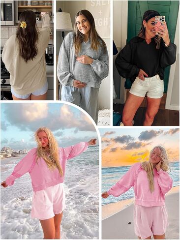 Fisoew Womens Oversized Sweatshirt Casual V Neck Lace Lantern Long Sleeve Cropped Loose Fit Fall Pullover Tops in Saudi Arabia