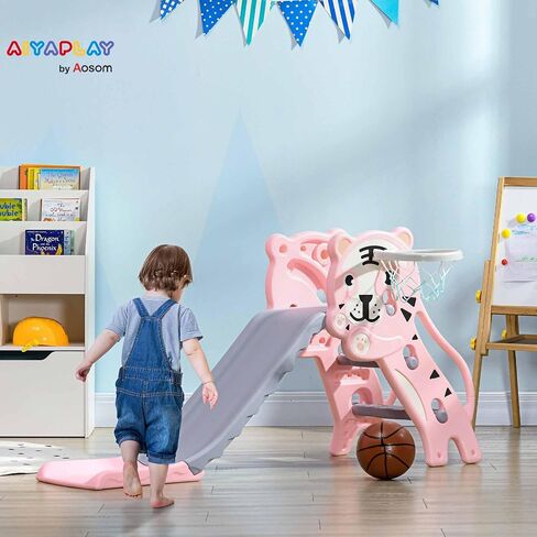 Qaba 2 in 1 Toddler Slide for Indoors, Toy for Toddler, Easy Set Up Baby Slide with Basketball Hoop for Kids 18-36 Months, Blue in Saudi Arabia