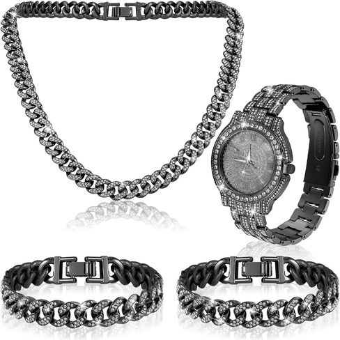 4 Pcs Hip Hop Jewelry Set Cuban Link Chains Bling Rhinestone Watch for Man Artificial Diamond Necklace Bracelet Watch in Kuwait