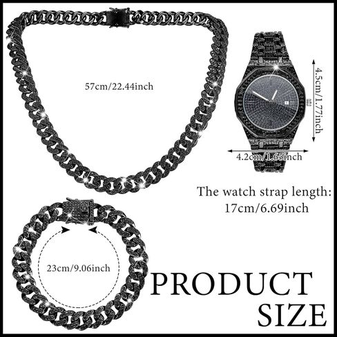 4 Pcs Hip Hop Jewelry Set Cuban Link Chains Bling Rhinestone Watch for Man Artificial Diamond Necklace Bracelet Watch in Kuwait
