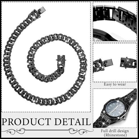 4 Pcs Hip Hop Jewelry Set Cuban Link Chains Bling Rhinestone Watch for Man Artificial Diamond Necklace Bracelet Watch in Kuwait
