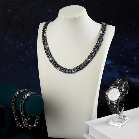 4 Pcs Hip Hop Jewelry Set Cuban Link Chains Bling Rhinestone Watch for Man Artificial Diamond Necklace Bracelet Watch in Kuwait