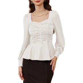 Belle Poque Peplum Tops for Women Square Neck Long Sleeve Blouses Ruffle Hem Smocked Elegant Shirts in Saudi Arabia