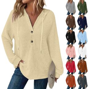 Hoodies for Women Waffle Knit Oversized Hoodies Trendy Long Sleeve Comfrt Hoodie V Neck Loose Fit Hooded Sweatshirt in Saudi Arabia