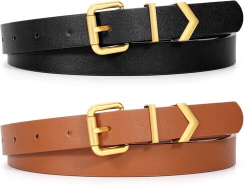 XZQTIVE 2 Pack Women's Skinny Leather Belts for Jeans Pants Dress Ladies Thin waist belt with Gold Buckle in Kuwait
