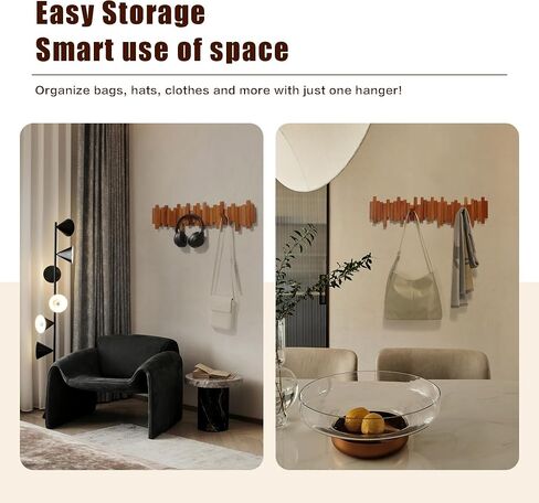 Wooden Coat Rack Wall Mounted Sticks Multi Rack Solid Handmade Natural Walnut Wood Artwork with 7 Flip-Down Unique Modern Hooks for Coats Bag Hat Umbrella in Saudi Arabia