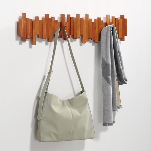 Wooden Coat Rack Wall Mounted Sticks Multi Rack Solid Handmade Natural Walnut Wood Artwork with 7 Flip-Down Unique Modern Hooks for Coats Bag Hat Umbrella in Saudi Arabia
