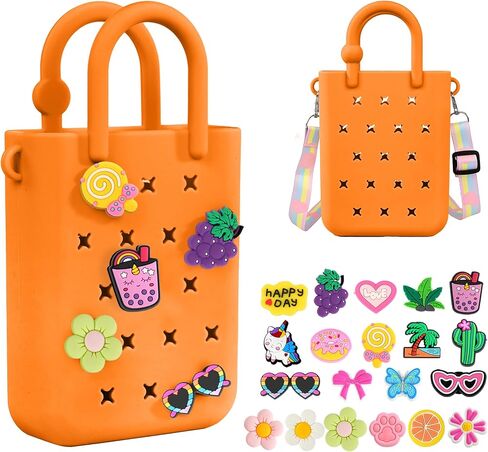 Silicone Small Rubber Beach Bag with 20 Charms, Hole Handbag With Adjustable Shoulder Strap, Mini Tote Bags for Little Girls and Woman in Saudi Arabia