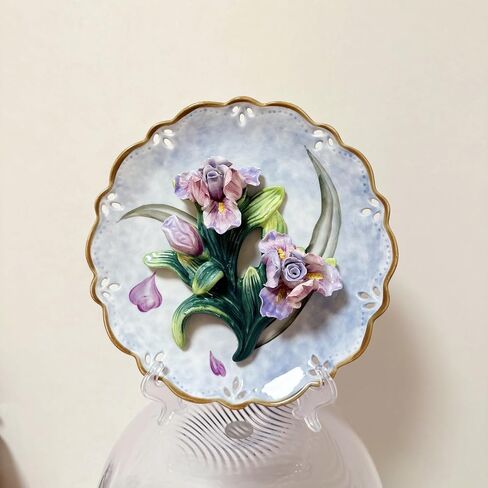 Ceramic Collections Plate, 3D Hand-painted Purple Tulip Flower and Leaf Decorative Tray with Display Stand-D 8inch in Saudi Arabia