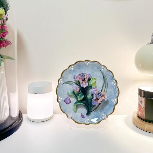 Ceramic Collections Plate, 3D Hand-painted Purple Tulip Flower and Leaf Decorative Tray with Display Stand-D 8inch in Saudi Arabia