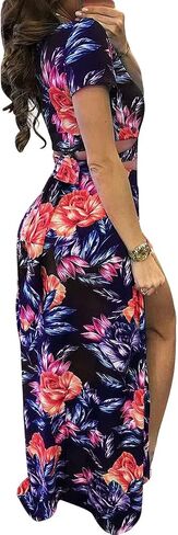 Womens Sexy 2 Piece Outfits Floral Print V Neck Crop Top and High Split Maxi Skirt Sets in Saudi Arabia