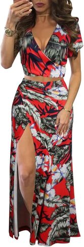 امرأة مثيرة 2 قطعة ملابس الأزهار طباعة الخامس محصول الرقبة وتجهيزات تنورة ماكسي عالية الانقسام in Kuwait