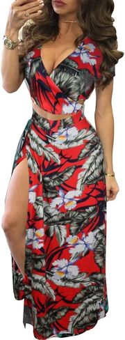 امرأة مثيرة 2 قطعة ملابس الأزهار طباعة الخامس محصول الرقبة وتجهيزات تنورة ماكسي عالية الانقسام in Kuwait