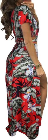 امرأة مثيرة 2 قطعة ملابس الأزهار طباعة الخامس محصول الرقبة وتجهيزات تنورة ماكسي عالية الانقسام in Kuwait