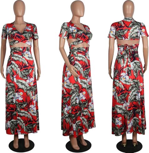 امرأة مثيرة 2 قطعة ملابس الأزهار طباعة الخامس محصول الرقبة وتجهيزات تنورة ماكسي عالية الانقسام in Kuwait