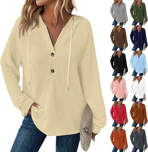 Hoodies for Women Waffle Knit Oversized Hoodies Trendy Long Sleeve Comfrt Hoodie V Neck Loose Fit Hooded Sweatshirt in Saudi Arabia