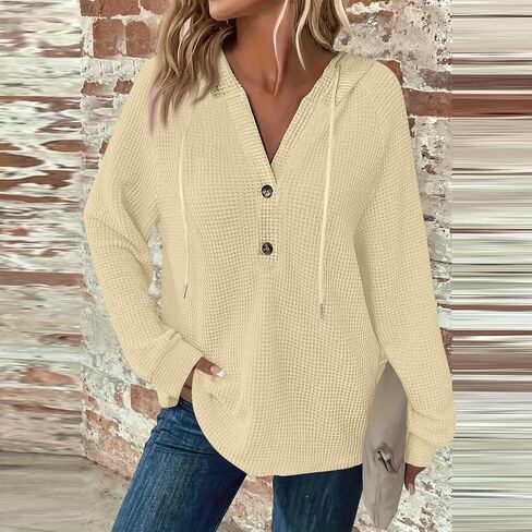 Hoodies for Women Waffle Knit Oversized Hoodies Trendy Long Sleeve Comfrt Hoodie V Neck Loose Fit Hooded Sweatshirt in Saudi Arabia