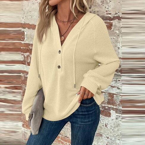 Hoodies for Women Waffle Knit Oversized Hoodies Trendy Long Sleeve Comfrt Hoodie V Neck Loose Fit Hooded Sweatshirt in Saudi Arabia
