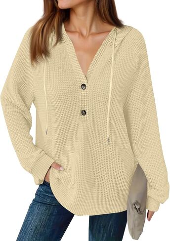 Hoodies for Women Waffle Knit Oversized Hoodies Trendy Long Sleeve Comfrt Hoodie V Neck Loose Fit Hooded Sweatshirt in Saudi Arabia