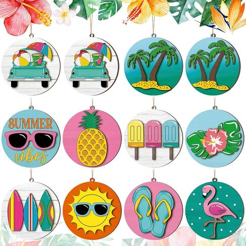 40 PCS 3D Summer Olments for Tree Double Layer Hawaiian Summer Tree Decorations Wood Hanging Ornaments Beach Wooden Prendants مع سلسلة وثقوب لإمدادات الحفلات Luau in Saudi Arabia