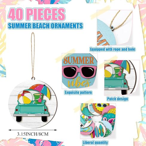 40 PCS 3D Summer Olments for Tree Double Layer Hawaiian Summer Tree Decorations Wood Hanging Ornaments Beach Wooden Prendants مع سلسلة وثقوب لإمدادات الحفلات Luau in Saudi Arabia