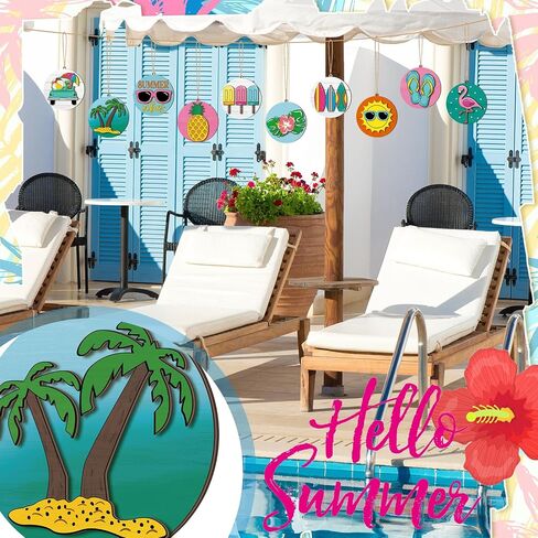 40 PCS 3D Summer Olments for Tree Double Layer Hawaiian Summer Tree Decorations Wood Hanging Ornaments Beach Wooden Prendants مع سلسلة وثقوب لإمدادات الحفلات Luau in Saudi Arabia