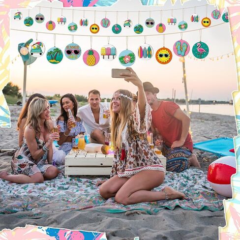 40 PCS 3D Summer Olments for Tree Double Layer Hawaiian Summer Tree Decorations Wood Hanging Ornaments Beach Wooden Prendants مع سلسلة وثقوب لإمدادات الحفلات Luau in Saudi Arabia