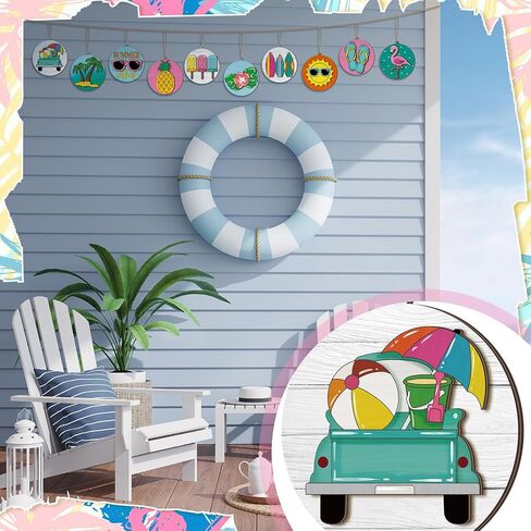 40 PCS 3D Summer Olments for Tree Double Layer Hawaiian Summer Tree Decorations Wood Hanging Ornaments Beach Wooden Prendants مع سلسلة وثقوب لإمدادات الحفلات Luau in Saudi Arabia