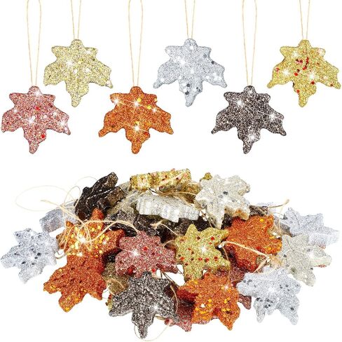 Xinnun 36 Pcs Thanksgiving Maple Ornaments Fall Glitter Leaf Hanging Decor Mini Leaf Tree Ornaments for Thanksgiving Day Autumn Anniversary Party Decoration(Maple,Classic Color) in Saudi Arabia