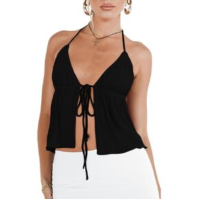 Ruewey Women Y2K عاريات المحاصيل أعلى عتيقة Sexy Tie Up Halter Deep V Neck Spaghetti Strap Cami Top Streetwear in Kuwait