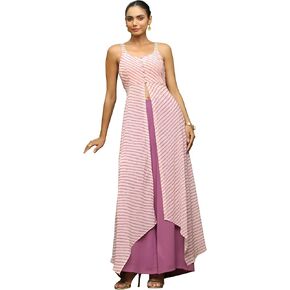 Janasya Indian Women's Kurta Kurti Set for Women Georgette Asymmetric Peach Striped Casual Floor Length Kurta Kurti Set in Kuwait