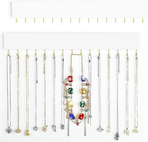 Necklace Holder, 2 Pack Upgraded Necklace Organizer Wall Mounted, Extra Large Storage 30 Hooks Wood Jewelry Hanger Organizer for Tangle-free Hanging of Long Necklaces- White in Saudi Arabia