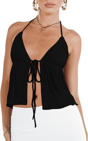 Ruewey Women Y2K عاريات المحاصيل أعلى عتيقة Sexy Tie Up Halter Deep V Neck Spaghetti Strap Cami Top Streetwear in Kuwait