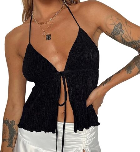 Ruewey Women Y2K عاريات المحاصيل أعلى عتيقة Sexy Tie Up Halter Deep V Neck Spaghetti Strap Cami Top Streetwear in Kuwait