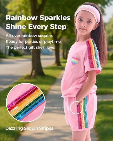 WELAKEN Girls 2 Piece Outfit Kid Toddler Heart & Rainbow Sequin Striped T-shirt and Shorts Clothing Set in Saudi Arabia