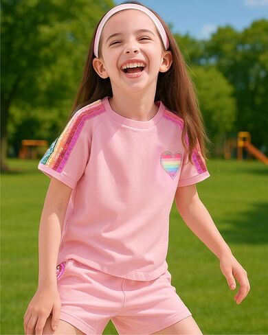 WELAKEN Girls 2 Piece Outfit Kid Toddler Heart & Rainbow Sequin Striped T-shirt and Shorts Clothing Set in Saudi Arabia
