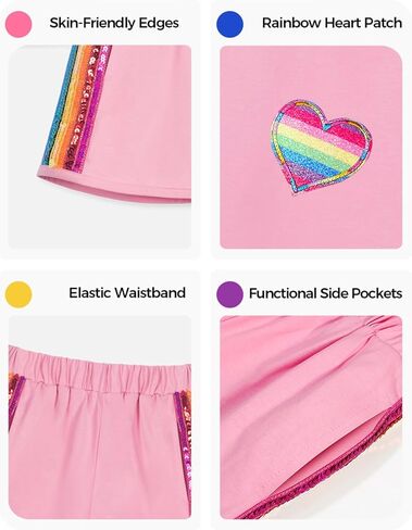 WELAKEN Girls 2 Piece Outfit Kid Toddler Heart & Rainbow Sequin Striped T-shirt and Shorts Clothing Set in Saudi Arabia