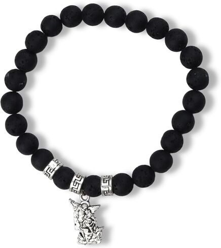 Needzo Saint Michael the Archangel Dangle Bracelet, Black Lava Beads, Gift for Military, Police Officers, and Firemen, One Size Fits Most in Saudi Arabia