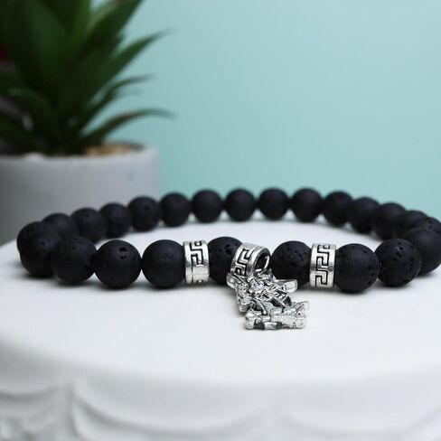 Needzo Saint Michael the Archangel Dangle Bracelet, Black Lava Beads, Gift for Military, Police Officers, and Firemen, One Size Fits Most in Saudi Arabia
