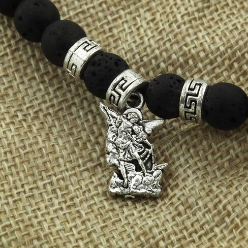 Needzo Saint Michael the Archangel Dangle Bracelet, Black Lava Beads, Gift for Military, Police Officers, and Firemen, One Size Fits Most in Saudi Arabia