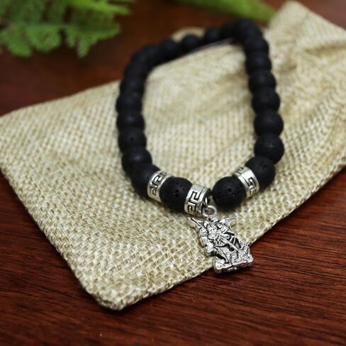 Needzo Saint Michael the Archangel Dangle Bracelet, Black Lava Beads, Gift for Military, Police Officers, and Firemen, One Size Fits Most in Saudi Arabia