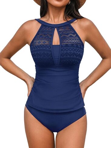 CUPSHE Women's Tankini Sets High Neck Mesh Cutouts Two Piece Bathing Suits Adjustable Straps Mid Rise Swimwear in Kuwait
