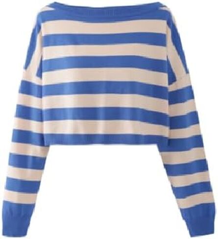 Women's Boat Neck Long Sleeve Striped Color Block Crop Knit Sweater Winter Fashion in Saudi Arabia