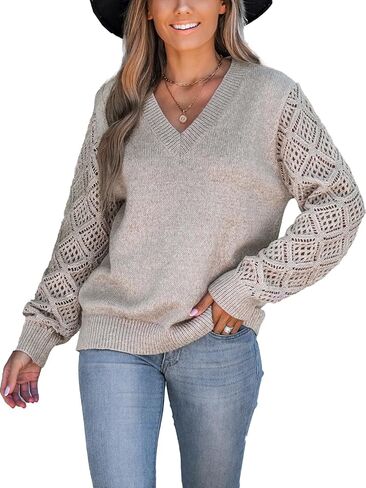 CUPSHE Women's Long Sleeve Sweater Lightweight 2024 Fall V Neck Pullover Crochet Sweaters Tops in Saudi Arabia