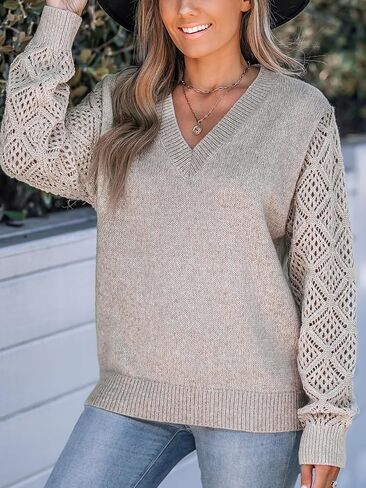 CUPSHE Women's Long Sleeve Sweater Lightweight 2024 Fall V Neck Pullover Crochet Sweaters Tops in Saudi Arabia